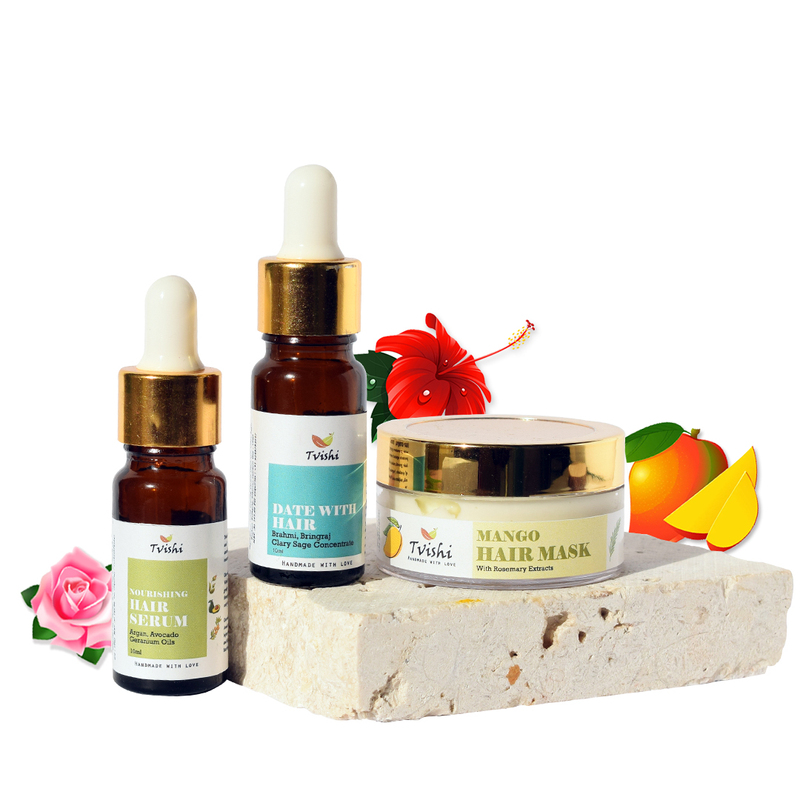 Trial Pack - Haircare - Date with Hair concentrate, Mango Hair Mask, Nourishing Hair Serum - Helps build stronger, healthier Hair Follicles, Smoothens & softens Hair & Adds shine & lusture to Hair naturally