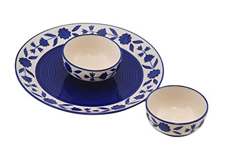 Freakway Floral Ceramic Handmade Cream one Dinner Plate(10 inch) with Serving Bowl Set of 2 (Microwave & Dishwasher Safe)(1 Plate, 2 Bowls),