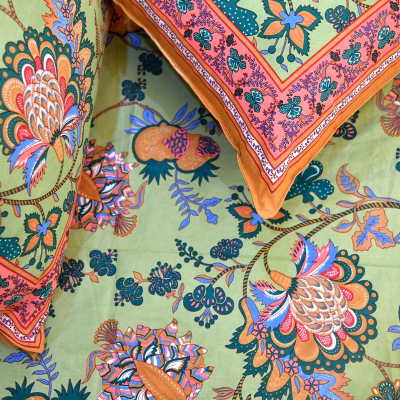 Gulmohar Cotton Queen Size Double Bedsheet : Handmade in 10 Colors - Green (90x108 inch)